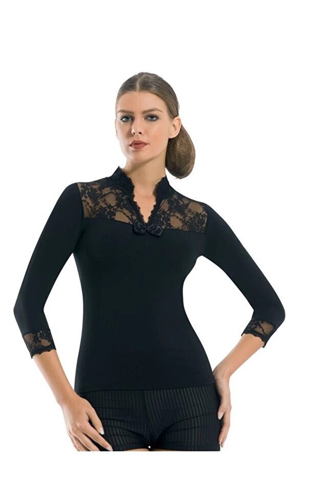Wide Lace Placket Long Sleeve Elastane Blouse 2176
