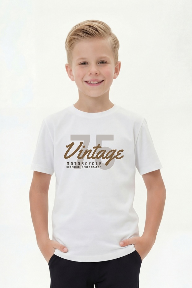 Boy's Crew Neck T-Shirt with Print Detail and Short Sleeves