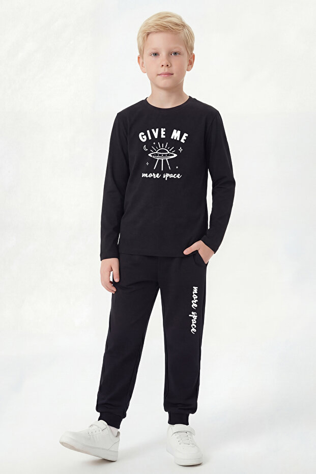 Zero Neck Sweatshirt with Elastic Cuffs, Printed Long Sleeve Boys' Top and Bottom Set