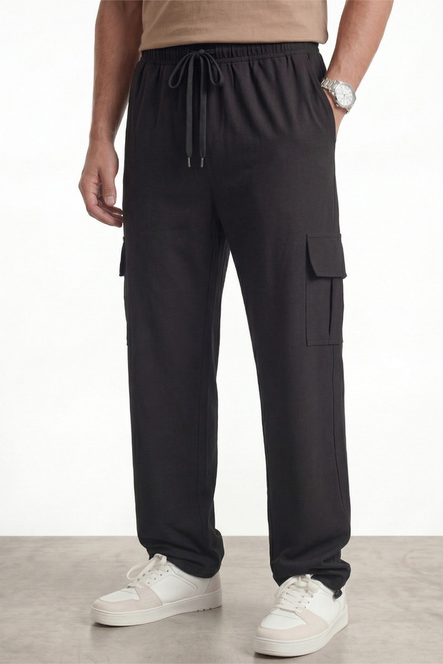 Men's Black Parachute Fabric Cargo Pants with Pockets, Adjustable Leg Clips, Baggy Style