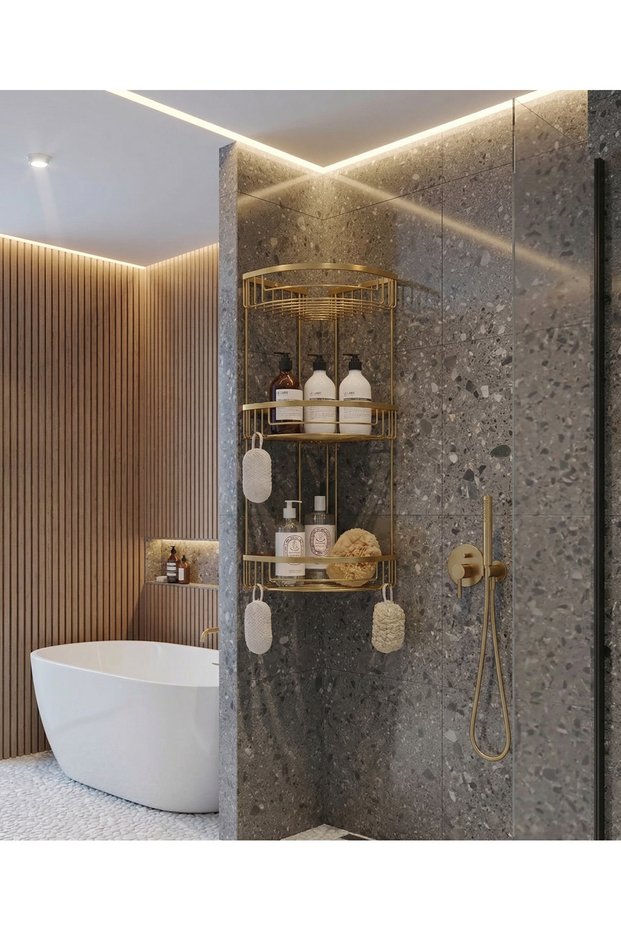 Matte Gold 3-Piece Bathroom Shampoo Holder Antique Gold Bathroom Shelf Brass Material Rustproof Antique