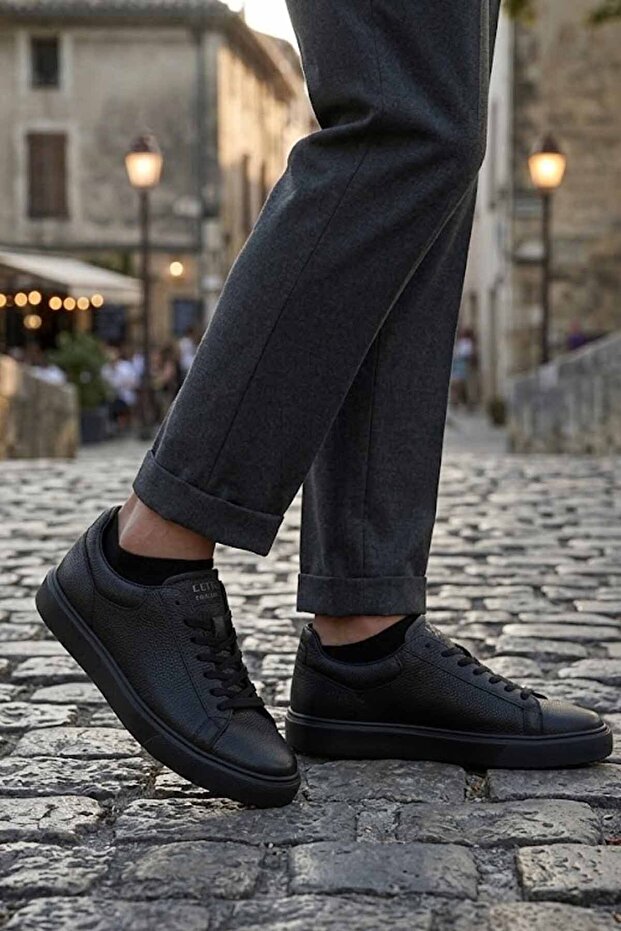 Men's Black Genuine Leather Sneaker - Pebble Textured Daily Casual Comfortable Sole Sports Shoes