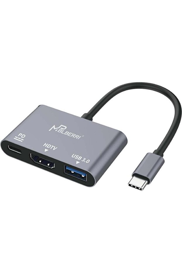MP BLBERRI 3-in-1 USB-C to HDMI Adapter with PD Charging & USB 3.0 – 4K Type-C Hub