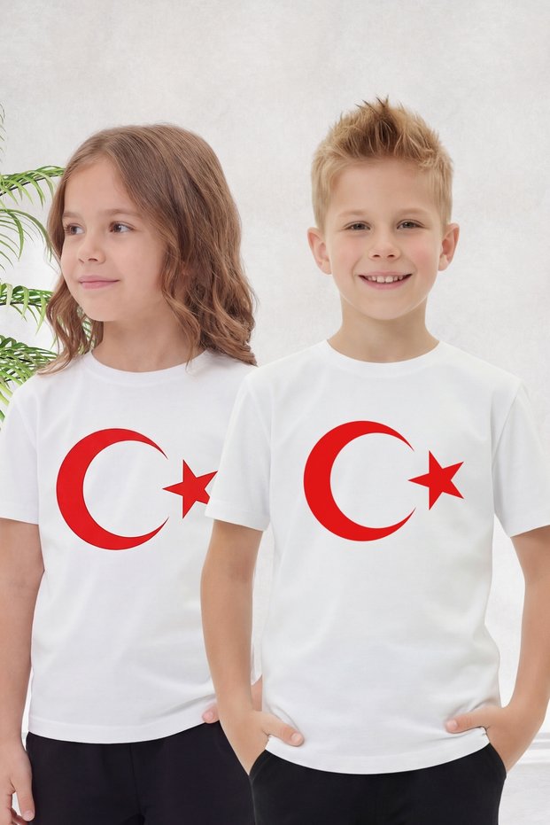 Single Ataturk, Kocatepe and Flag Print Themed Children's Short Sleeve T-Shirt