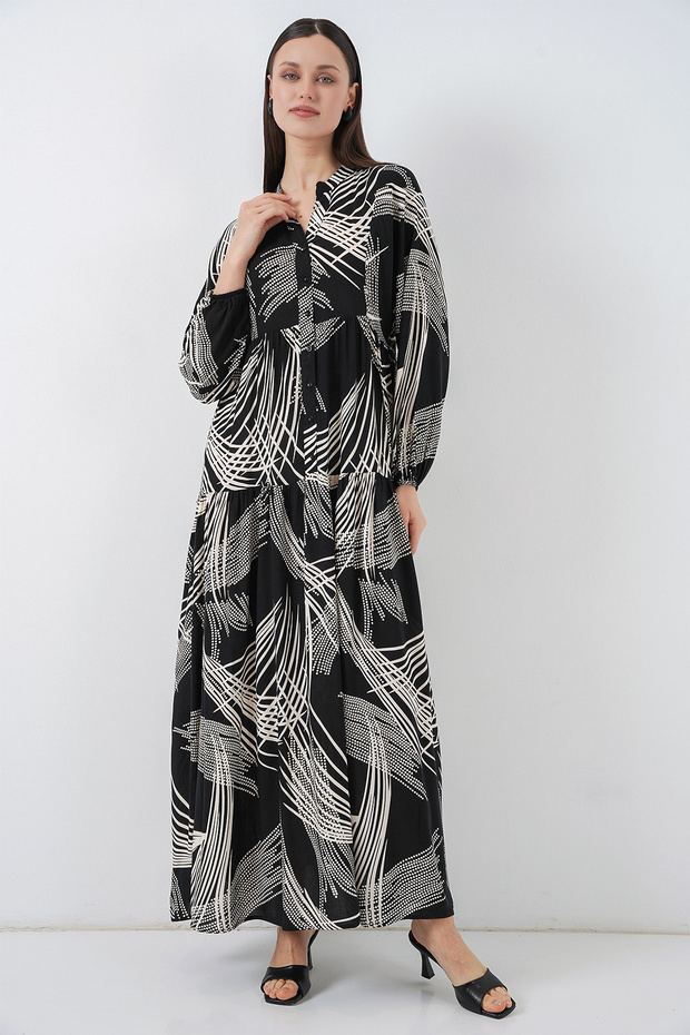 Women's Patterned Long Hijab Dress 1155 - M.Black