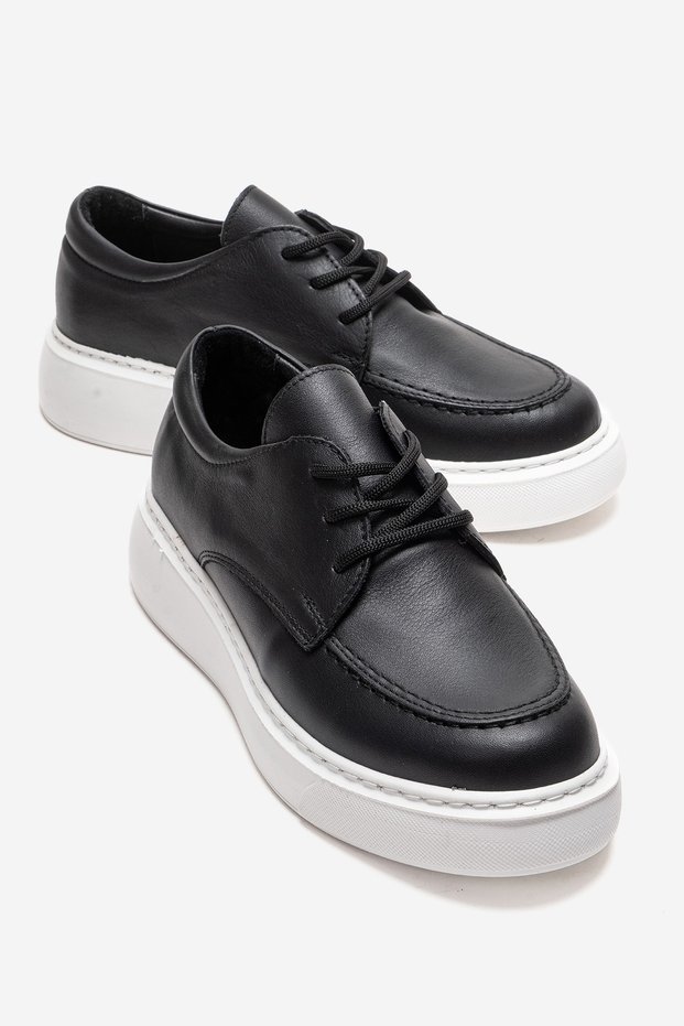 Mareon Black Skin Genuine Leather Lace-Up Women's Casual Shoes