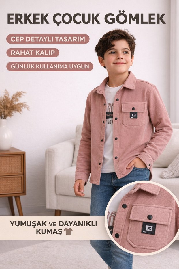42003-26 Boy's 2-Piece Set | Pocket Detailed Shirt and Printed T-Shirt Casual Combination