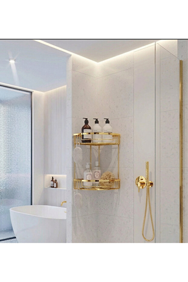 Gold 2-Piece Bathroom Shampoo Holder Gold Bathroom Shelf Brass Material Rustproof Antique