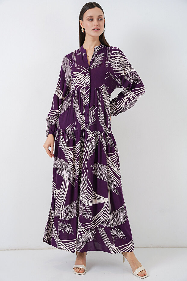 Women's Patterned Long Hijab Dress 1155 - Purple
