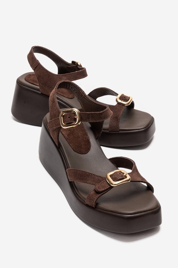 Kalia Brown Suede Genuine Leather Buckle Women's Wedge Heeled Sandals