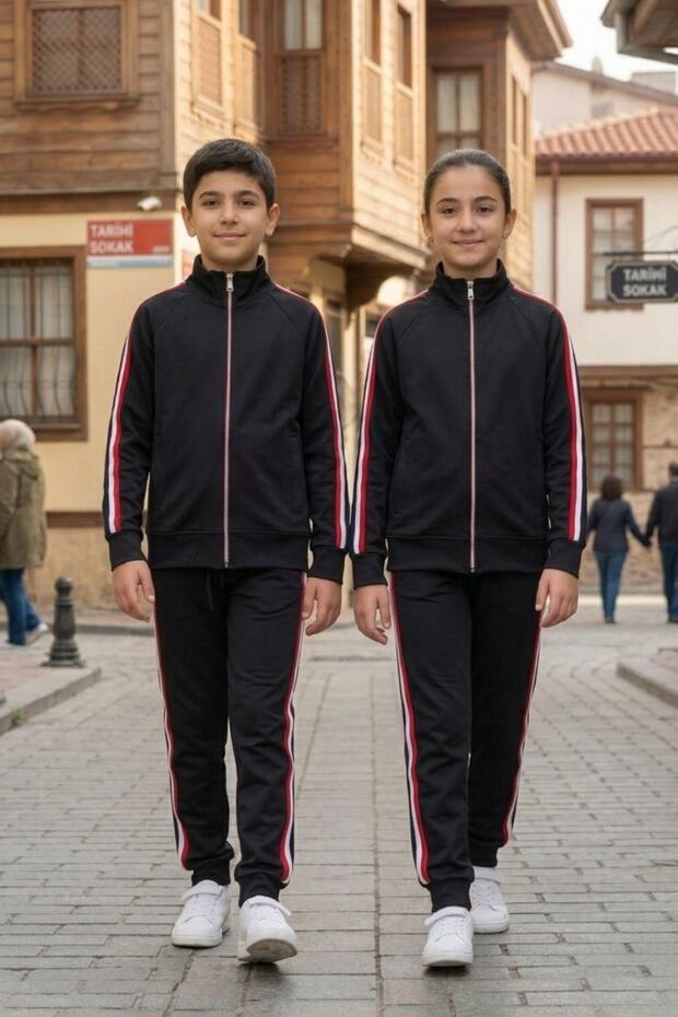 Unisex Children's Stand Collar Three-Stripe Hooded Diver Tracksuit Set