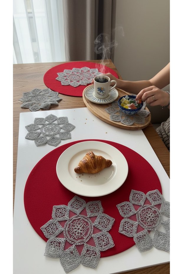 6 Pieces of Embroidered Tulle Coffee Cocktail Napkins & Coaster Presentation Napkins