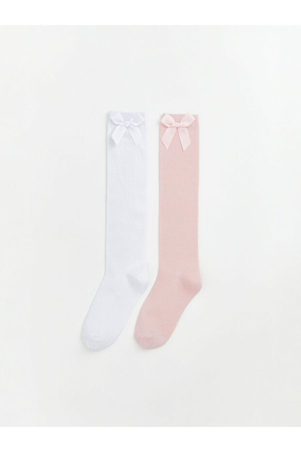 White Bow Detailed Girls' 2-Piece Knee Socks