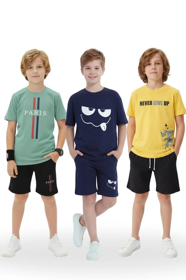 3-Piece Crew Neck Various Print Detailed Boys' 6-Piece Top and Bottom Set