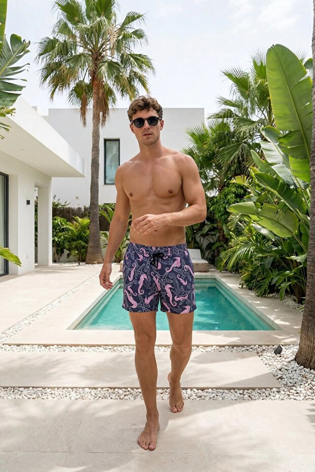 Lined Men's Navy Blue Swim Shorts Elastic Lace-Up Short Length Patterned Summer Beach Shorts Ls-95526