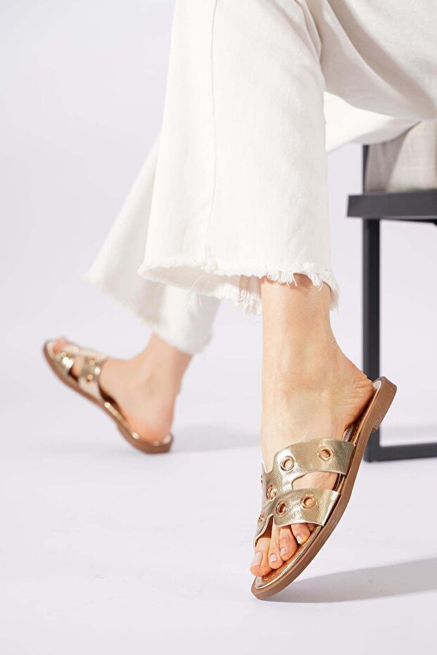 Mikos H Shaped Perforated Troc Women's Slippers Gold Wrinkled