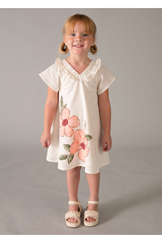 Flower Printed Dress for Ages 4-10 - Cream