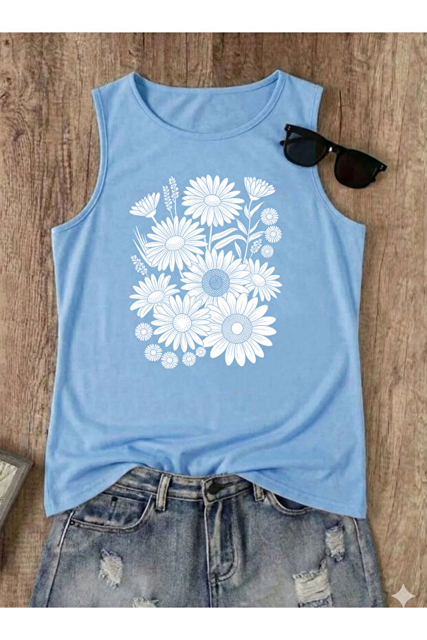 White Flower Printed Women's Crew Neck Cotton Sleeveless Summer Tank Top Tshirt