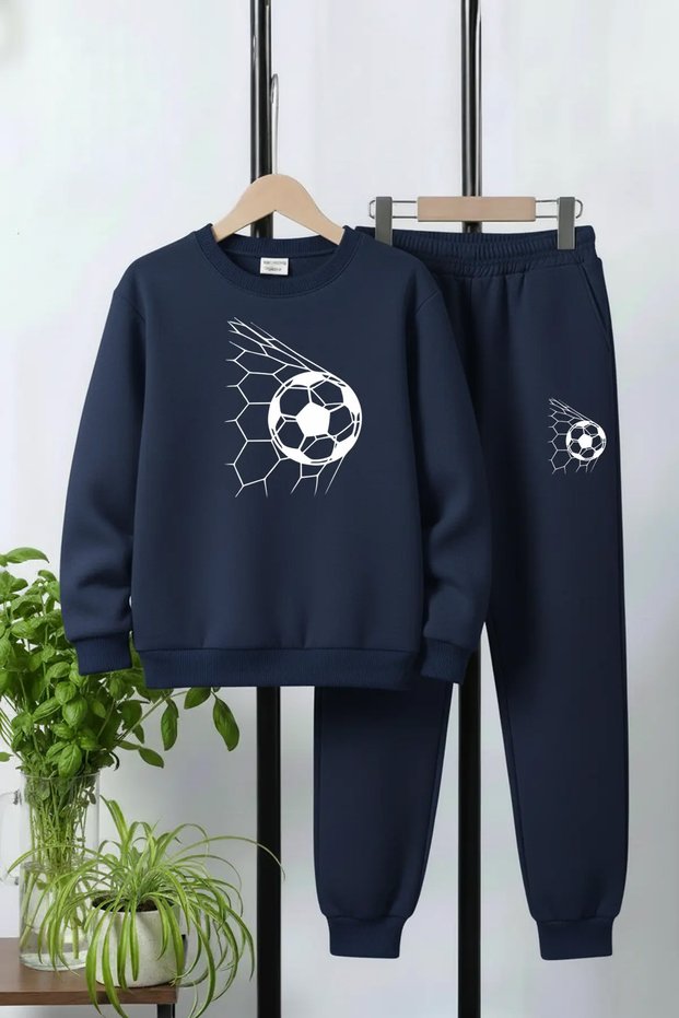 3 Thread Round Neck Thick Winter Hooded Football Print Detailed Boys' Tracksuit Set