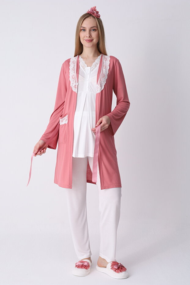 Maternity Pajama Set with 3 Pieces - Lace Detailed, Breastfeeding Compatible & Adjustable Waist Maternity Set