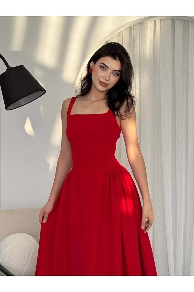 Square Neck Strap Flared Long Dress Red