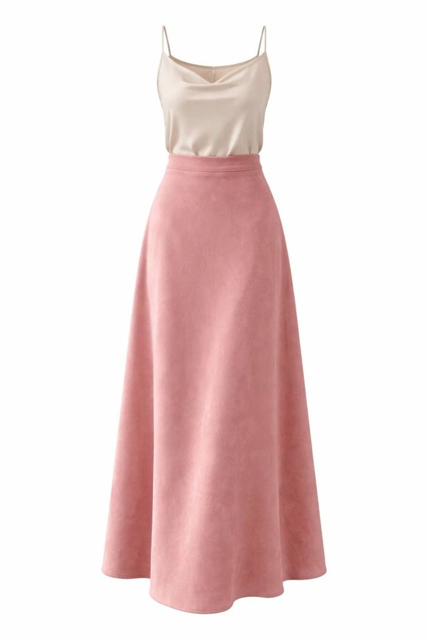 Women's Pink Color Suede High Waist Flared Long Skirt