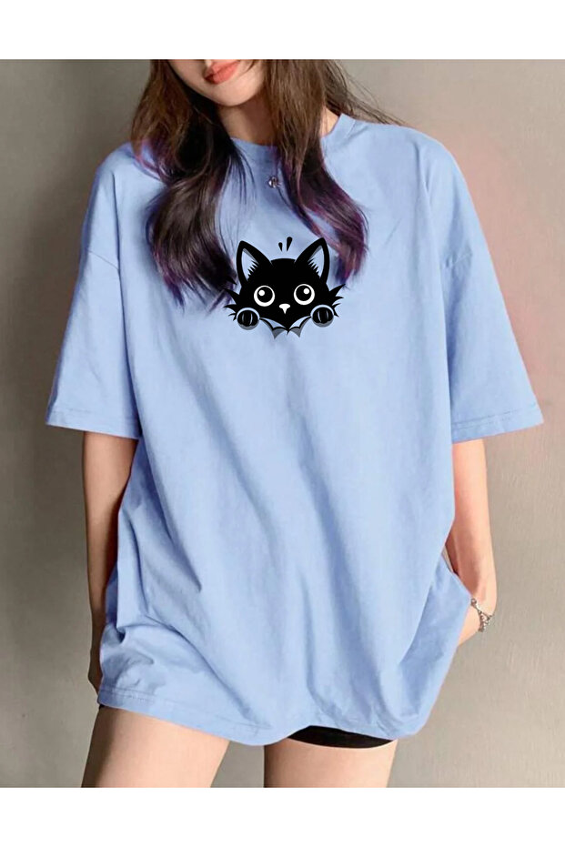 Cat Printed Oversize Crew Neck Short Sleeve Basic Unisex Tshirt