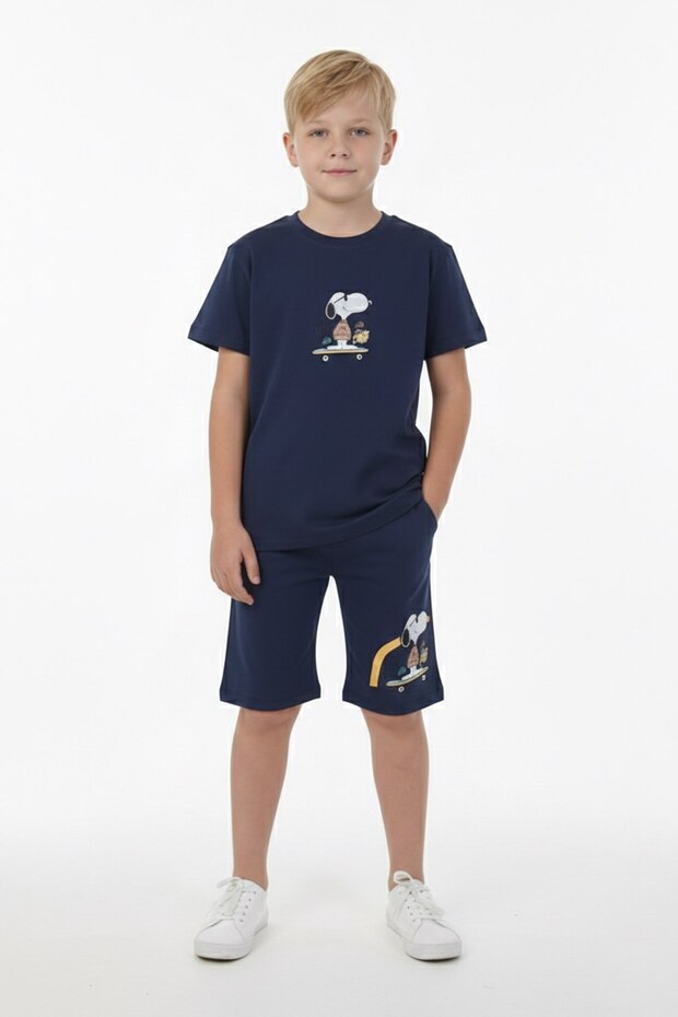 3-12 Years Old Boys' Snoopy Patterned, Printed on the Back, Navy Blue %Cotton Single Jersey Fabric Shorts Set