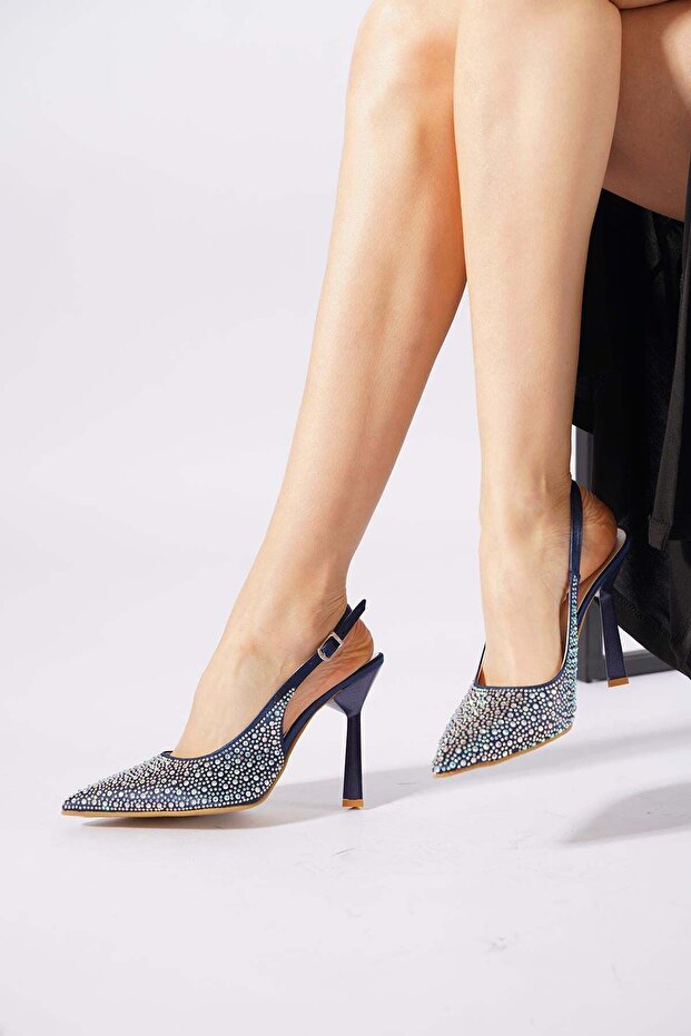 Tesdever open back stone embellished women's heeled evening shoes - cobalt blue satin