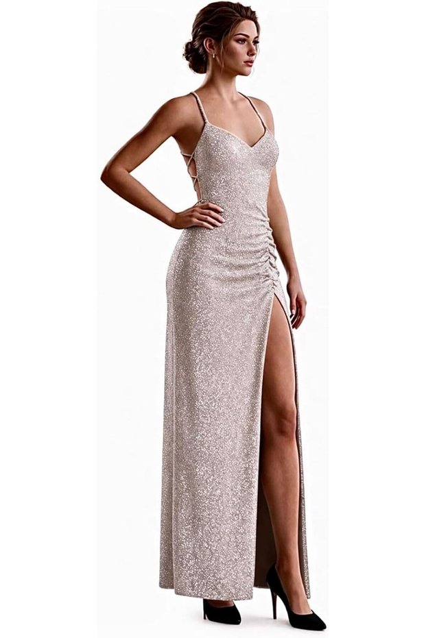 Elegant Sleeveless Evening Dress with Ruched Detail, Side Slit & Sparkle Finish – Slim Fit Long Pa