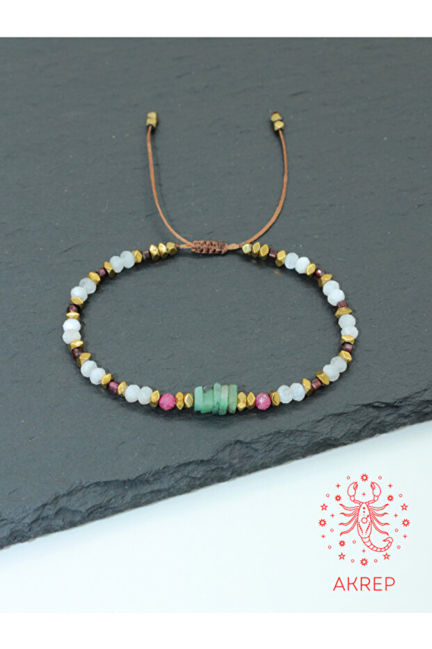 Certified Emerald, Ruby, Aa+ Moonstone, Garnet, and Gold Hematite Natural Stone Women's Bracelet - Scorpio Zodiac Sign