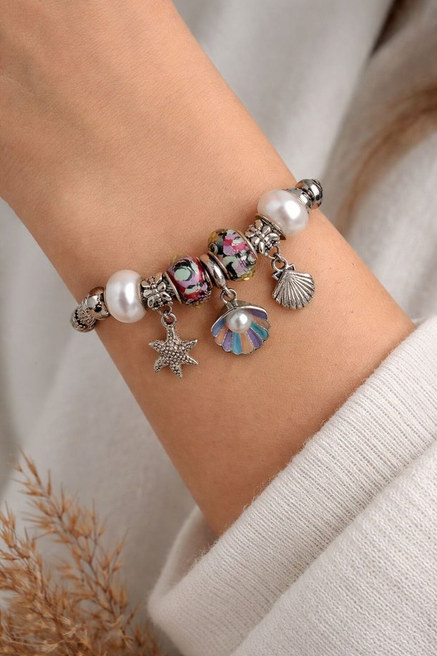 Silver Multi-Colored Charm Steel Bracelet