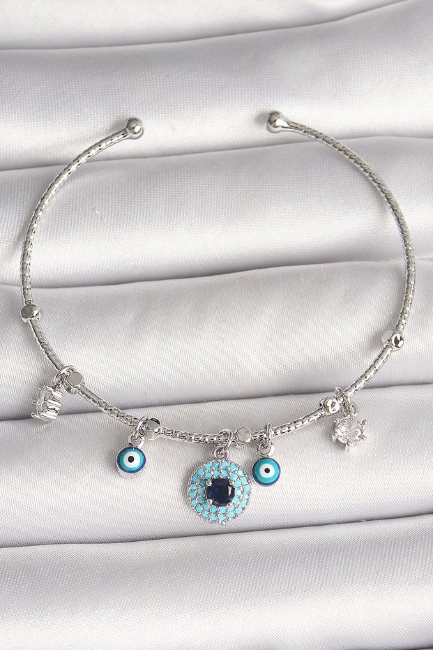 Stylish Brass Silver Color Dangle Zircon Stone Evil Eye Bead Figure Charm Women's Braceletfor Teachers and Mothers