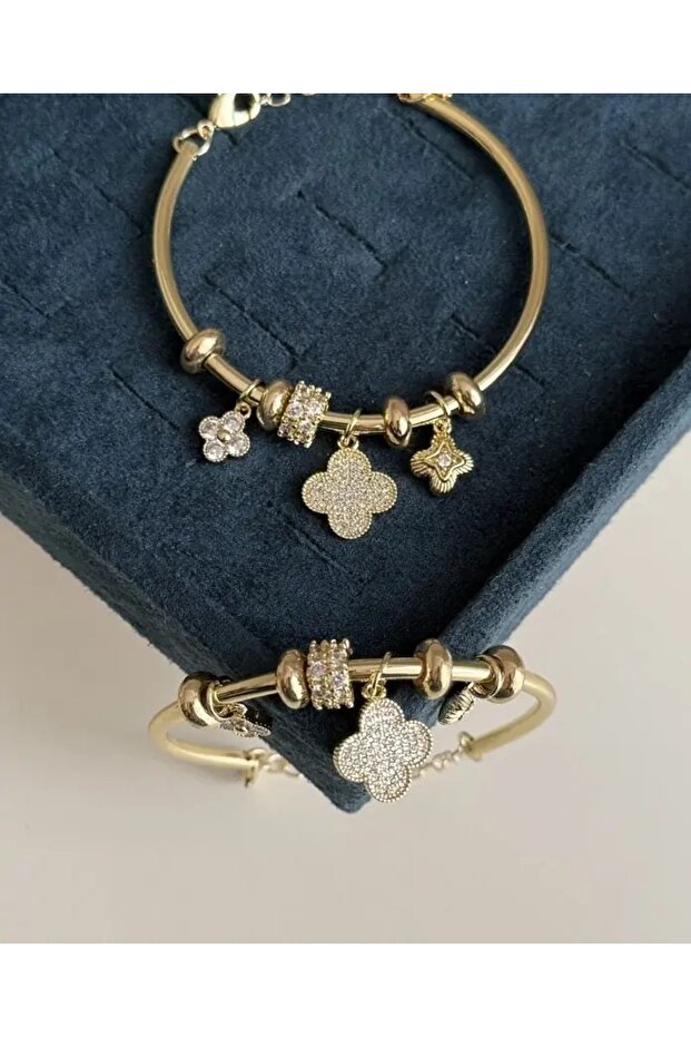 Accessory Brass Plated, Zircon Stone Clover Model, Adjustable Women's Cuff Bracelet