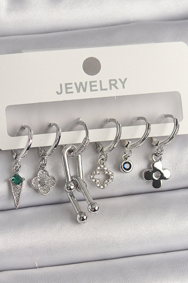 Stylish Brass Silver Color Zircon Stone Multi-Shape Women's Earring Set Teachers Mothers Valentine's Day Gift