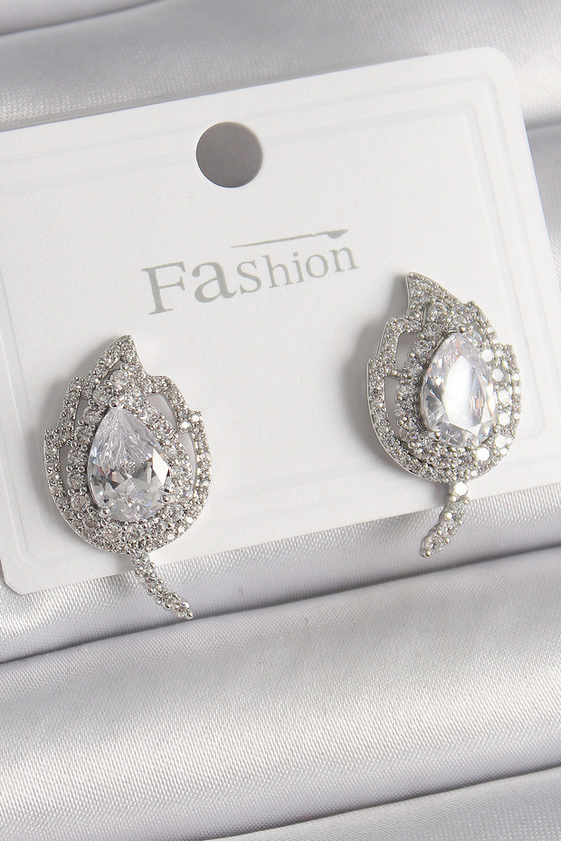 Stylish Brass Silver Color Zircon Stone Leaf Model Women's Earrings Teachers Mothers Valentine's Day Gift