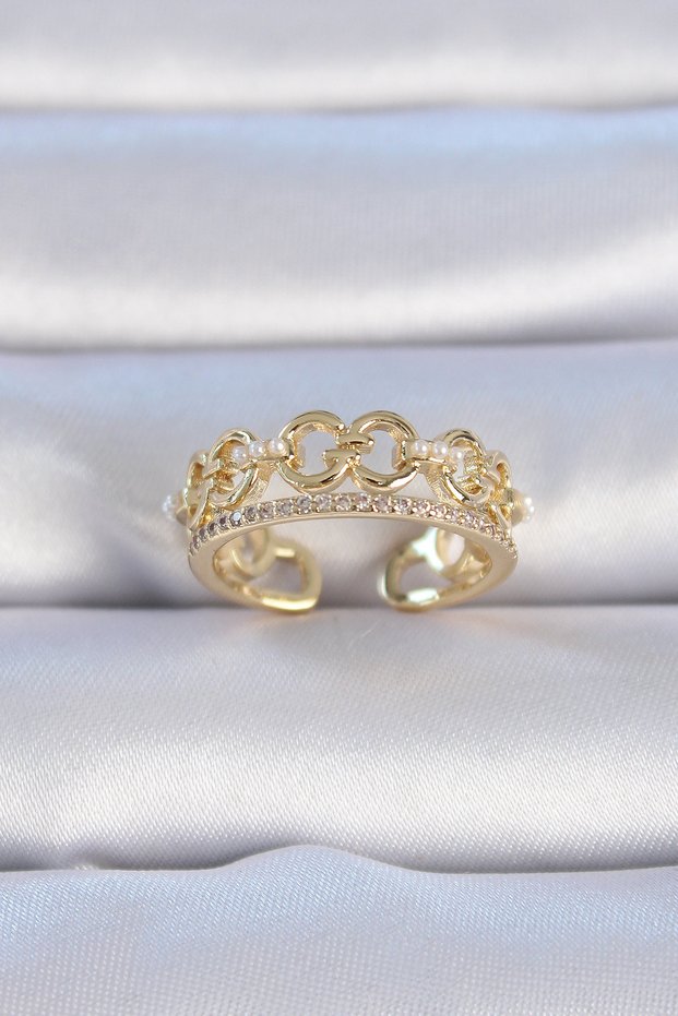 Stylish Brass Gold Color Zircon Stone Pearl Detail Women's Ring Teachers Mothers Valentine's Day Gift