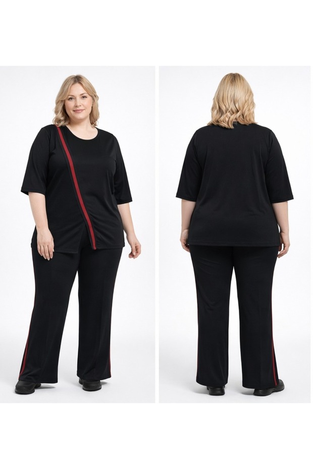 Plus Size Full Lycra Red Short Sleeve Stylish Ribbed Pocketed Aesthetic Fashion Trend Women's Track Suit Set