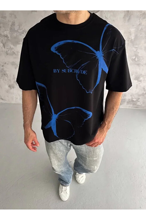 Printed Unisex Casual Style Black Crew Neck Oversize T-Shirt