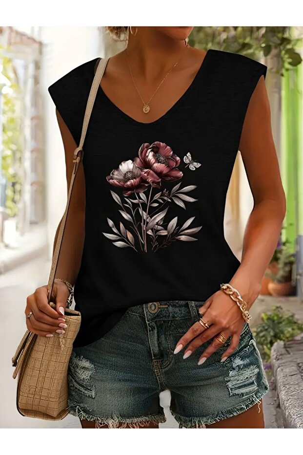 Leafy Flower Printed Women's Oversize Sleeveless T-Shirt