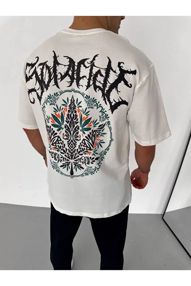 Printed Unisex Casual Style White Geometric Pattern Oversize T-Shirt