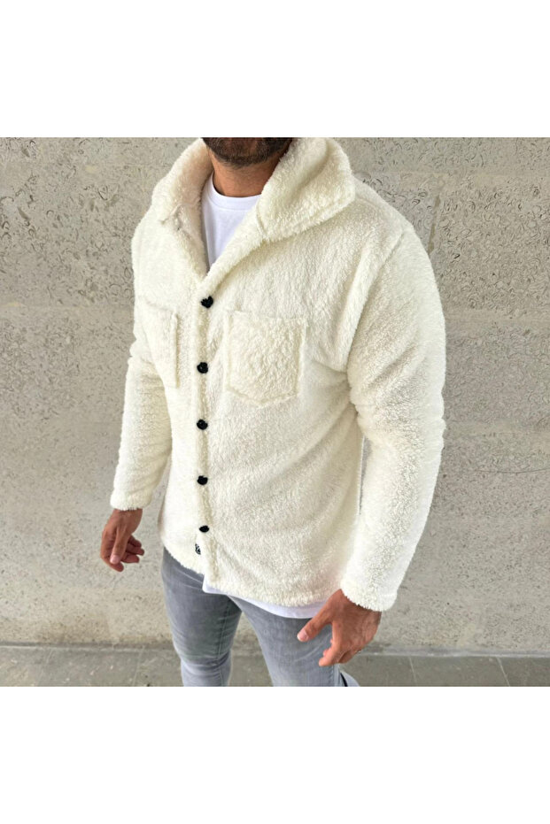 Soft Plush Men's Warm Snow White Buttoned Fleece Cardigan Shirt