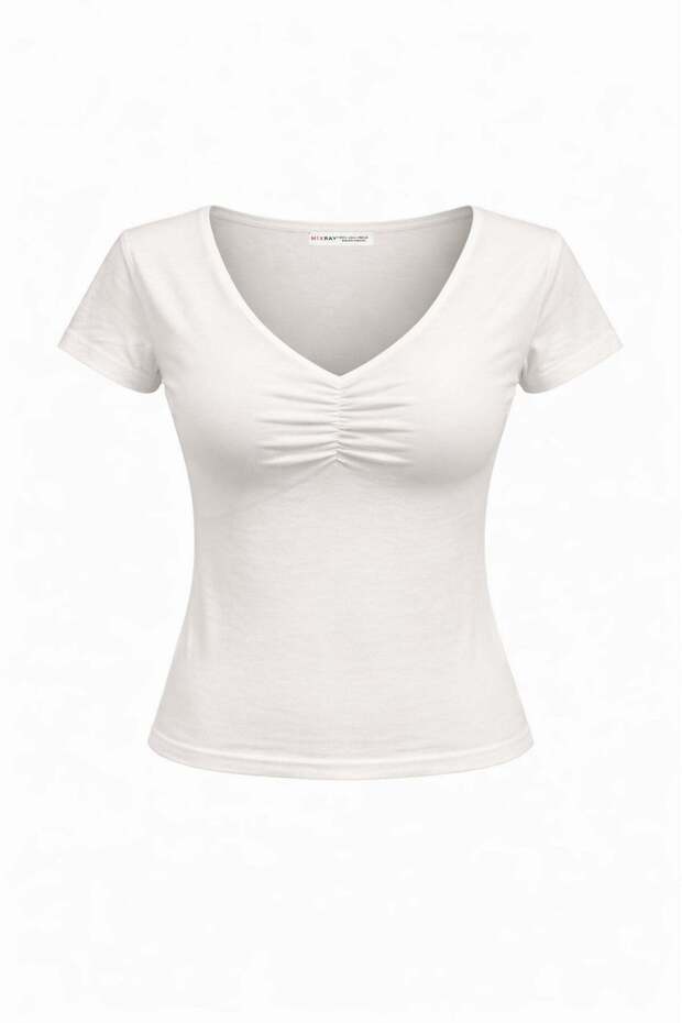 2080 Women's V-Neck Gathered Detailed Short Sleeve Basic T-Shirt White