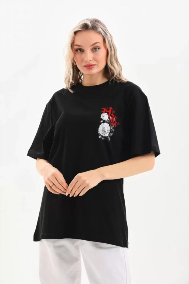 Printed Unisex Casual Style Typography Black Cotton Oversize T-Shirt