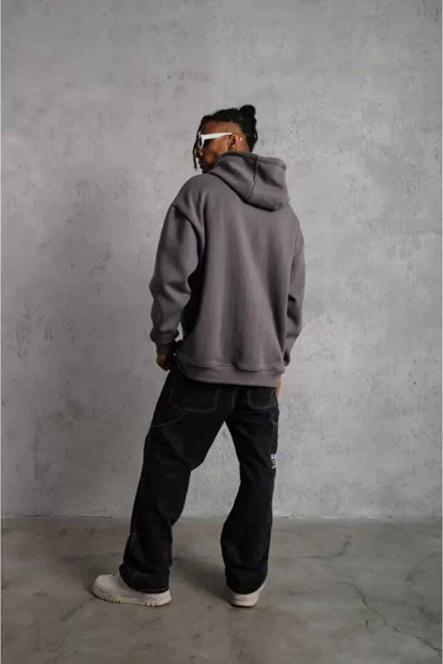 Basic Textured Men's Casual Style Gray Hooded Sweatshirt