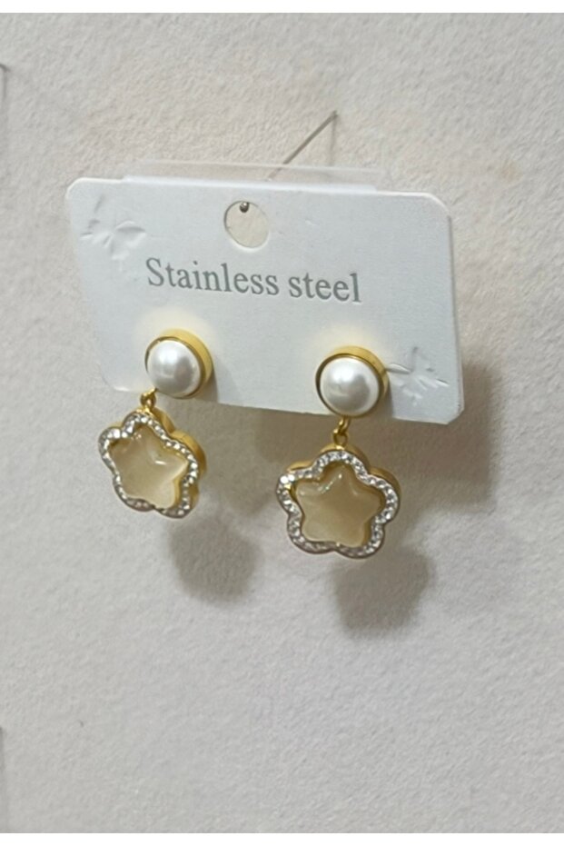 Women's Gold Pearl-Studded and Zircon Stone Star Dangle Enamel Earrings