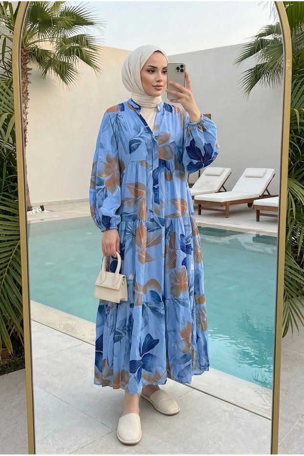 Women's Floral Layered Hijab Dress with Dominant Collar