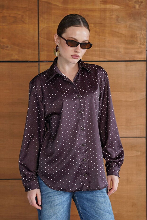 Polka Dot Satin Shirt - Brown | F2076