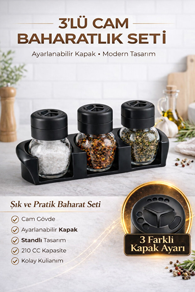 3-Piece Glass Spice Rack Set with Stand | Adjustable Cap | 210 Cc | Stylish and Modern Design