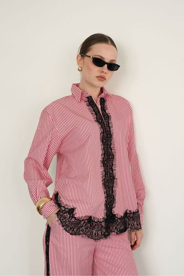 Lace Detailed Striped Shirt - Burgundy | F2082 - Claret Red